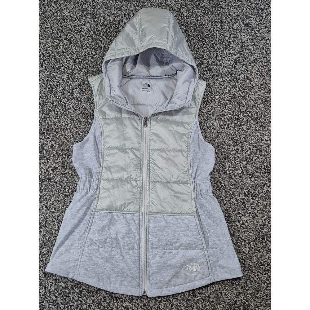 The North Face Pseudio Hooded Vest Womens Medium Gray Full-Zip Quilted Pockets